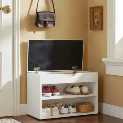 Szafka na buty z otwieranym siedziskiem 2 półki biała ModernHome