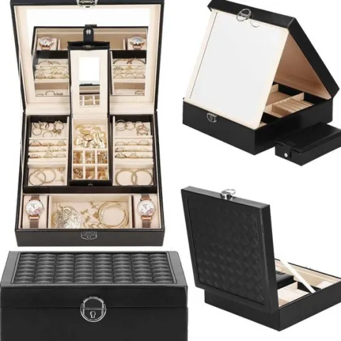 Szkatułka na biżuterię ekoskóra 25 x 25 x 8,5 cm czarny organizer z przegródkami i lusterkiem