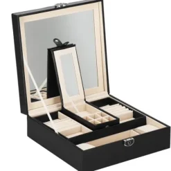 Szkatułka na biżuterię ekoskóra 25 x 25 x 8,5 cm czarny organizer z przegródkami i lusterkiem