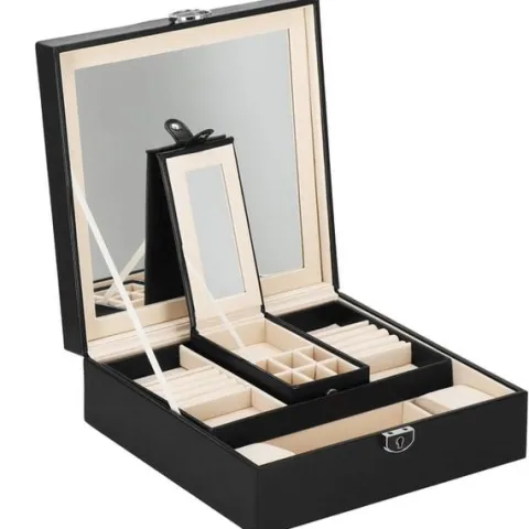 Szkatułka na biżuterię ekoskóra 25 x 25 x 8,5 cm czarny organizer z przegródkami i lusterkiem