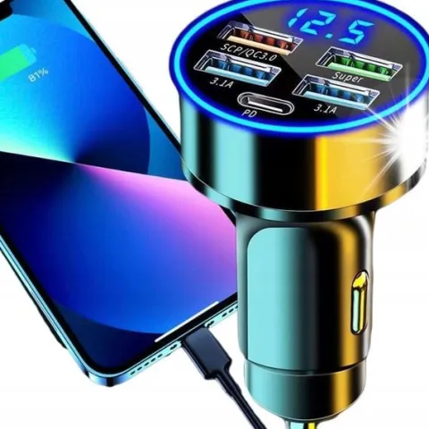 SZYBKA ŁADOWARKA SAMOCHODOWA 120W 4xUSB QC 3.0 + USB-C TYP C PD 20W CZARNA