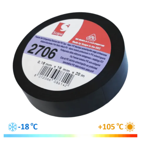 TAŚMA IZOLACJA PCV 2706 19mm/20m CZARNA, MROZOODPORNA -18*C, VDE, SCAPA