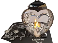 TATA TACIE ZNICZ LAMPION NA GRÓB SERCE I SERCE SREBRO SKOS SENTENCJA+ŚWIECA