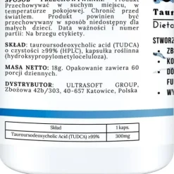 TUDCA FORTE 300 MG KWAS TAUROURSODEOKSYCHOLOWY WSPARCIE WĄTROBY DETOKS 60T
