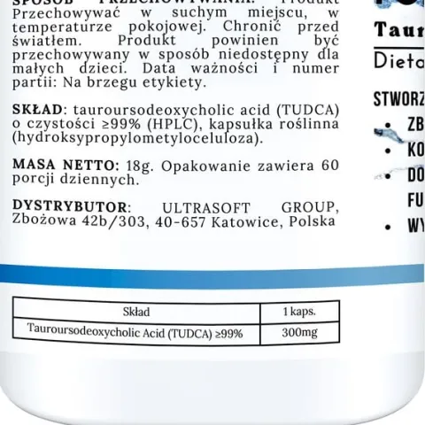 TUDCA FORTE 300 MG KWAS TAUROURSODEOKSYCHOLOWY WSPARCIE WĄTROBY DETOKS 60T