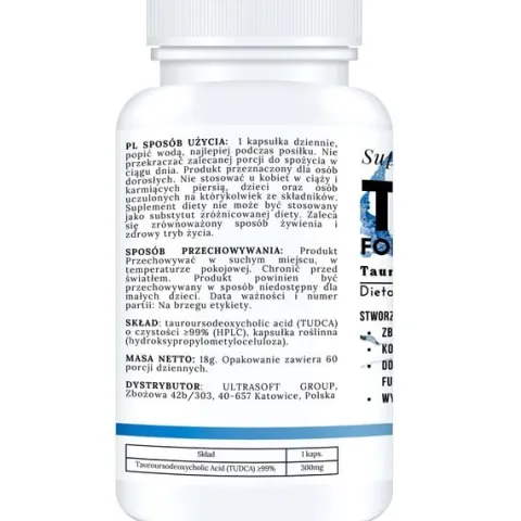 TUDCA FORTE 300 MG KWAS TAUROURSODEOKSYCHOLOWY WSPARCIE WĄTROBY DETOKS 60T