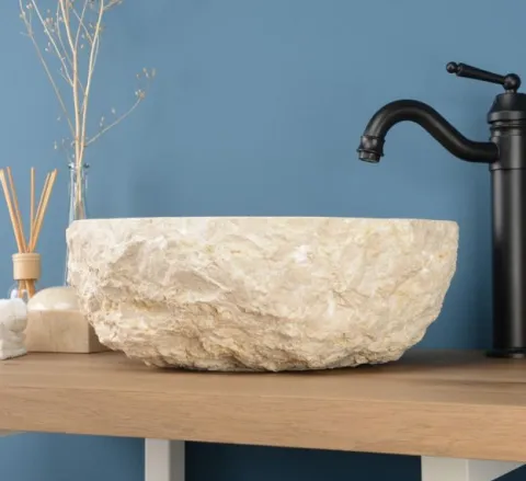 Umywalka marmurowa 40 cm kremowa zlew kamień naturalny okrągła nablatowa