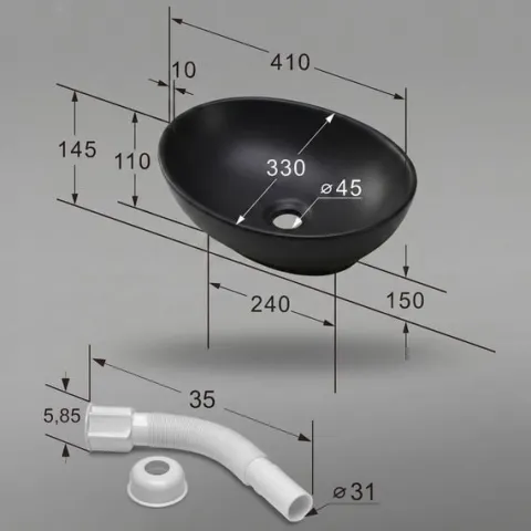 Umywalka Nablatowa Ceramiczna Owalna 41 cm Czarna Matowa Stawiana OVALIS