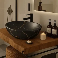 Umywalka nablatowa czarny mat marmur z żyłkami owalna ceramiczna 41x34,5 cm