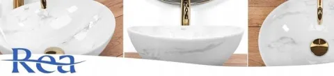 Umywalka Nablatowa Owalna Marmurowa Biała Ceramiczna Rea Sofia Marble 41 cm