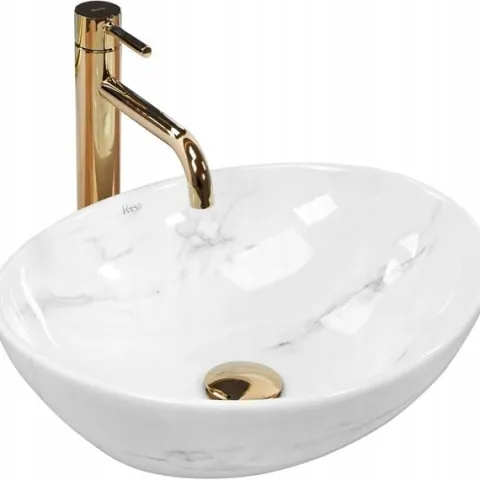 Umywalka Nablatowa Owalna Marmurowa Biała Ceramiczna Rea Sofia Marble 41 cm