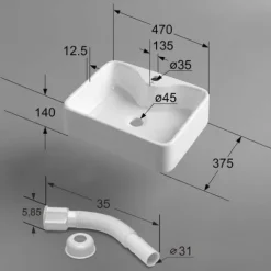 Umywalka Nablatowa Prostokątna Ceramiczna 47 cm Biała