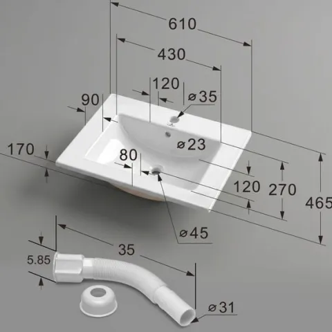 Umywalka Wpuszczana w Blat Ceramiczna Prostokątna 61 cm Biała Połysk NORDIS