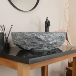 Umywalka z kamienia czarna naturalny zlew 60 cm kamienny