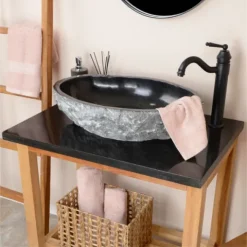 Umywalka z kamienia czarna naturalny zlew 60 cm kamienny