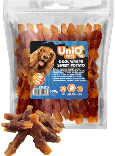 UNIQ PETS Przysmak dla psa z kaczki - frytki z batatów owinięte kaczką 500g