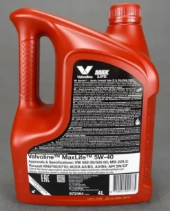 VALVOLINE MAXLIFE SYNTHETIC 5W40 SN/CF A3/B4 SYNTETYCZNY 4L