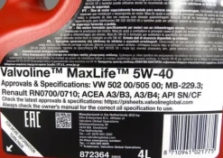 VALVOLINE MAXLIFE SYNTHETIC 5W40 SN/CF A3/B4 SYNTETYCZNY 4L