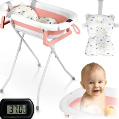 Wanienka składana dla dzieci, niemowląt ze stelażem, termometrem i wkładką Ricokids RK-287 biało-różowa