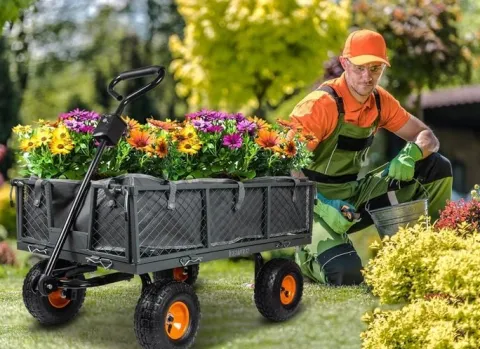 WÓZEK OGRODOWY TRANSPORTOWY PRZYCZEPKA TACZKA KOŁA PLANDEKA DO 400KG 100L