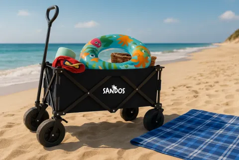 WÓZEK PLAŻOWY TURYSTYCZNY GRUBE KOŁA CZARNY PLAŻA GÓRY SKŁADANY TACZKA