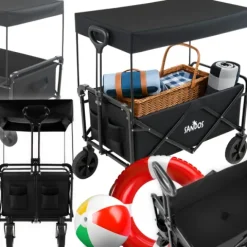 WÓZEK PLAŻOWY Z DASZKIEM PRZYCZEPKA 100KG CZARNA SKŁADANY NA WAKACJE PLAŻA