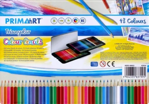 48x KOLORÓW KREDKI TRÓJKĄTNE W OPRAWIE DREWNIANEJ PREMIUM METALOWE PUDEŁKO