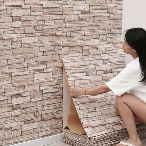 10x PANELE 3D ŚCIENNE SAMOPRZYLEPNE PIANKA XPE CEGŁA BEŻOWA TAPETA 77x70cm