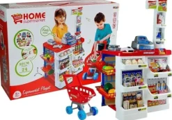 Zabawkowy Market z Wózkiem Kasa Fiskalna Skaner Artykuły Spożywcze Zakupy
