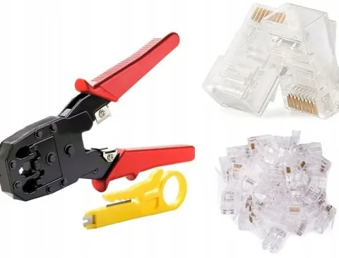 Zaciskarka Wtyków Skrętki Kabli RJ45 + Złącza 25x Wtyk RJ-45 do Zaciskania