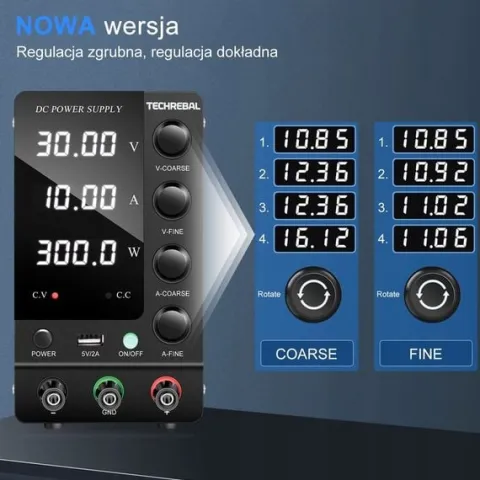 ZASILACZ LABORATORYJNY SERWISOWY TECHREBAL SPS-C3010 30V 10A USB 5V + KABLE