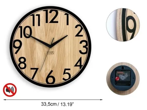 Zegar ścienny drewniany Dębowy FOCUS – 33 cm, cichy mechanizm