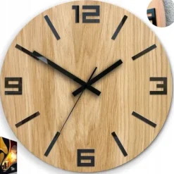 Zegar ścienny drewniany Dębowy ARABIK - 33 cm cichy, zegar do salonu
