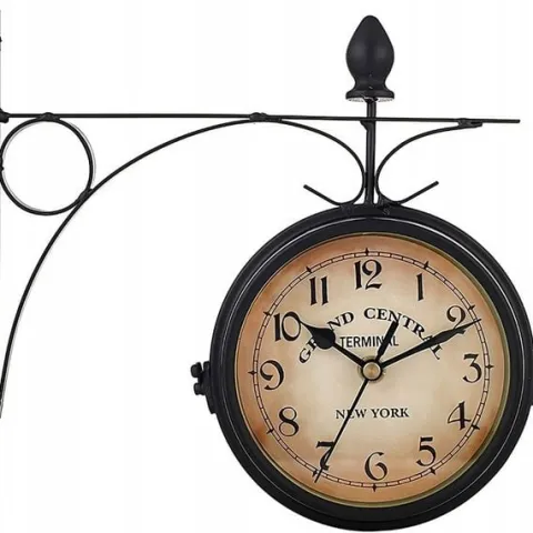 ZEGAR DWUSTRONNY ŚCIENNY DWORCOWY RETRO VINTAGE METALOWY CZARNY DESIGN