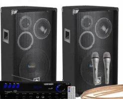 ZESTAW NAGŁOŚNIENIA 600W KOLUMNY GŁOŚNIKOWE + 2 MIKROFONY KARAOKE BLUETOOTH