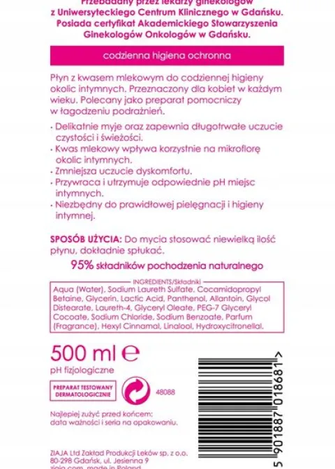 ZIAJA INTIMA PŁYN DO HIGIENY INTYMNEJ Z KWASEM MLEKOWYM 500 ML