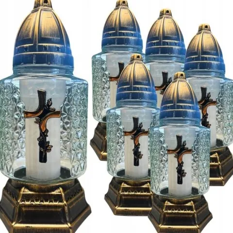 Znicz Lampion Krzyż Opleciony Różą Srebrny/Złoty 6 Sztuk