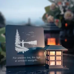 Znicz solarny i podstawka z nadrukiem dla WĘDKARZA, LED, OZDOBNY