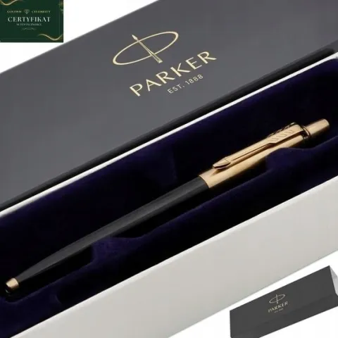 ZŁOTY DŁUGOPIS PARKER JOTTER CZARNY 24 KARATY + PUDEŁKO Z DEDYKACJĄ GRAWER