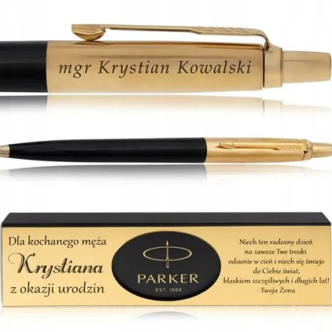 ZŁOTY DŁUGOPIS PARKER JOTTER CZARNY 24 KARATY + PUDEŁKO Z DEDYKACJĄ GRAWER